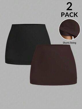 2-Pack Lined Mini Slip Skirts in Black and Dark Brown